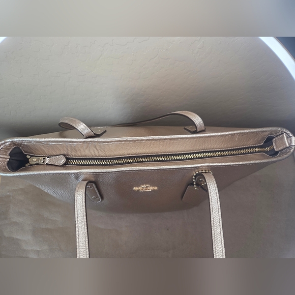 COACH Metallic Pebbled Leather Zip Top Tote Bag - Gold/Platinum - Picture 6 of 11